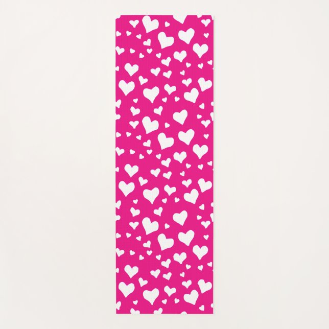 Tapis De Yoga Coeurs de balaie blanche sur Fuchsia rose (Devant)