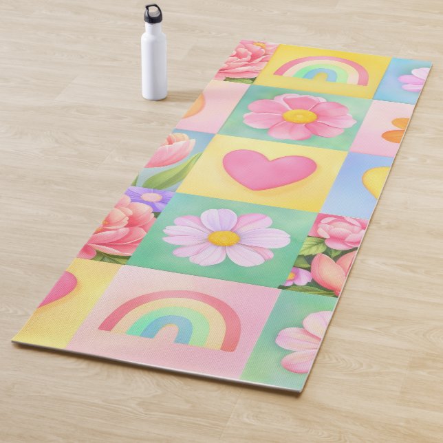 Tapis De Yoga Colorful Trendy Floral Checkerboard Pattern (En situation)