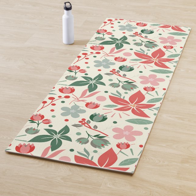 Tapis De Yoga Conception florale lumineuse avec feuilles vertes  (En situation)