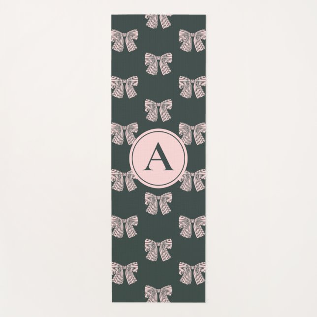 Tapis De Yoga Coquette Monogramme Bow Noir & Rose élégant (Devant)