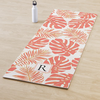 Tapis De Yoga Corail vivant tropical, feuilles d'or et monogramm