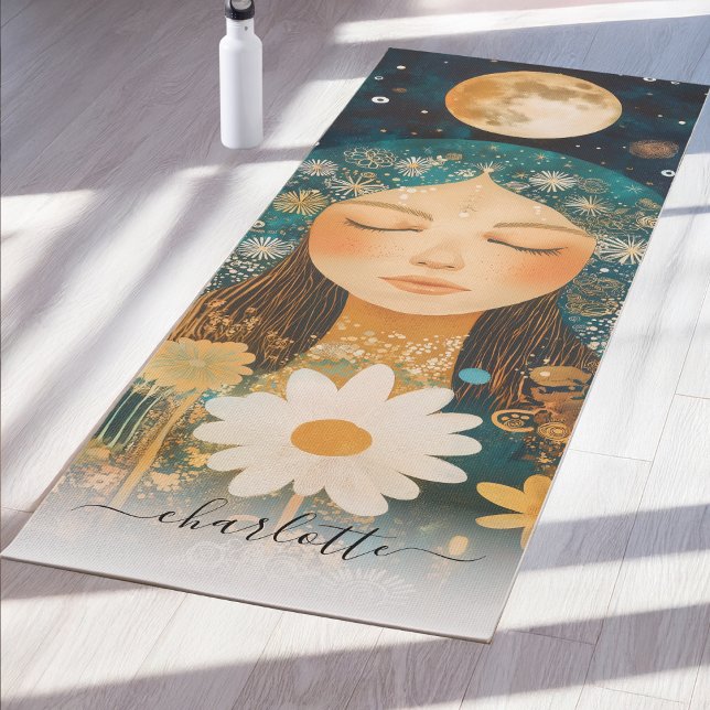 Tapis De Yoga Cosmic Girl Boho Moon & Daisy Illustration Custom (Cosmic Girl Boho Moon & Daisy Illustration Custom Yoga Mat)