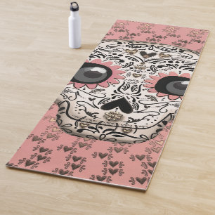 Tapis De Yoga Crâne en sucre rose et or et cœurs fantaisistes mi