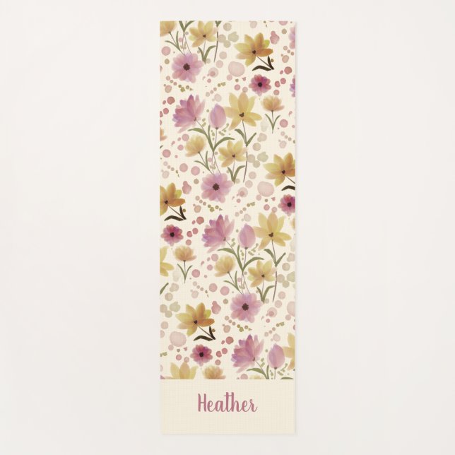 Tapis De Yoga Cream Plum Wildflower Watercolor Monogram Name (Devant)