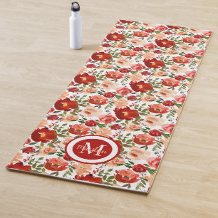 Tapis De Yoga Crème rouge Roses blanches Aquarelle Fleurs floral