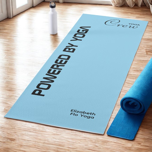 Tapis De Yoga Custom Print Yoga Crew Baby Blue (Baby blue yoga mat on studio floor.)