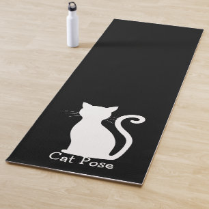 Tapis De Yoga Cute Chat Noir Silhouette Fun Noir et Blanc