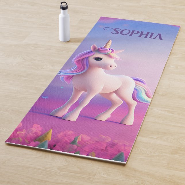 Tapis De Yoga Cute Unicorne Blanche Avec Rose & Bleu Mane (En situation)