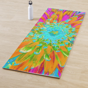 Tapis De Yoga Dahlia décorative tropicale orange et rose chaud
