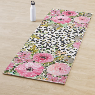 Tapis De Yoga Design Empreinte de léopard et floral élégant