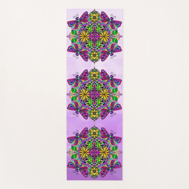 Tapis De Yoga Dessin à la main libellule Mandala violet couleur  (Devant)