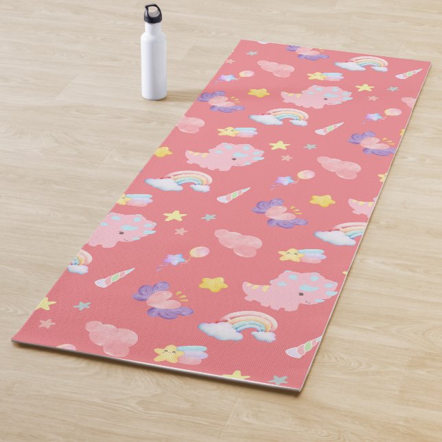 Tapis De Yoga Dinosaure doux rose arc-en-ciel Motif pastel (En situation)