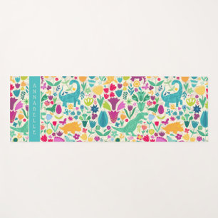 Tapis De Yoga Dinosaure Floral Folk Silhouettes Belles Filles