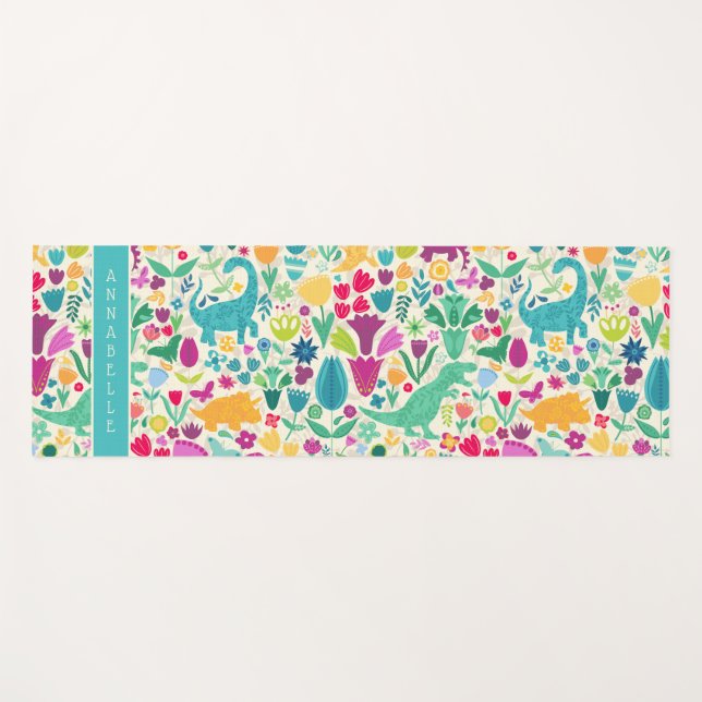 Tapis De Yoga Dinosaure Floral Folk Silhouettes Belles Filles (Devant (Horizontal))
