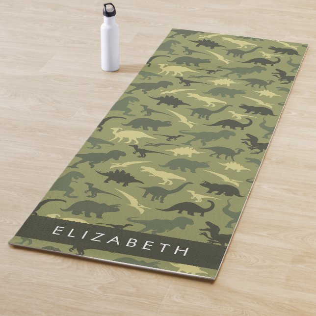 Tapis De Yoga Dinosaure Motif, Dinosaur Silhouette, Votre Nom (En situation)