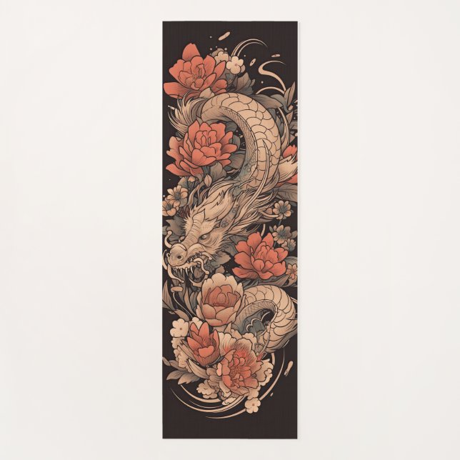Tapis De Yoga Dragon chinois et Fleur Rose Yoga Mat (Devant)