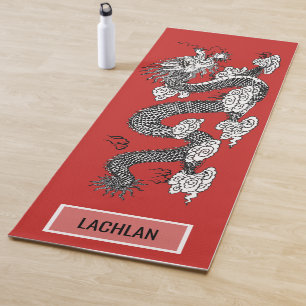 Tapis De Yoga Dragon chinois sur le nom fait sur commande rouge