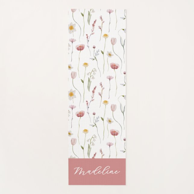 Tapis De Yoga Dusty Pink Wildflower Watercolor Monogram Name (Devant)