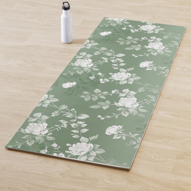Tapis De Yoga Dusty Sage Floral Vert Fleur Motif (En situation)