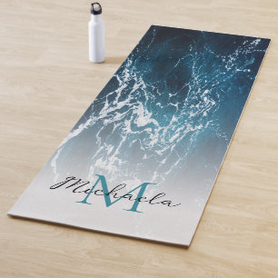 Tapis De Yoga Eau de mer bleu foncé et humide abstrait Monogramm