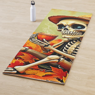 Tapis De Yoga Éffrayant Automne Skeleton's Coffee Break Design