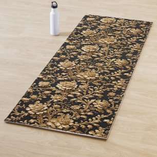 Tapis De Yoga Élégance en mouvement : Noir & Or Baroque Floral