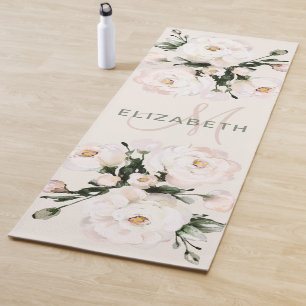 Tapis De Yoga Élégant Aquarelle Blush Monogramme Floral