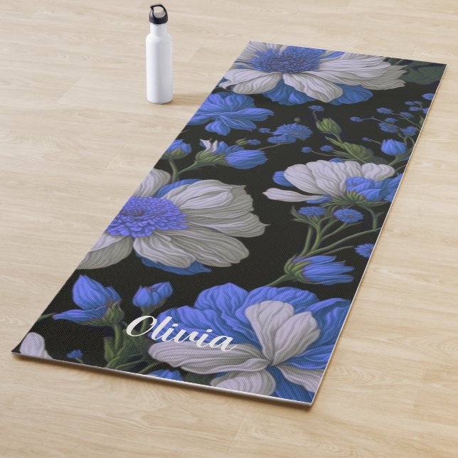 Tapis De Yoga Elégant bleu argenté blanc élégant floral rétro (En situation)