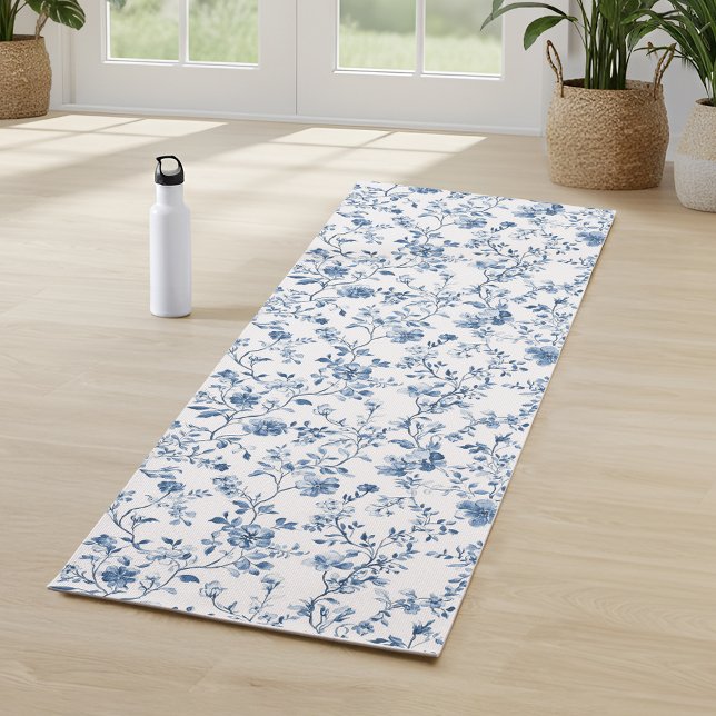 Tapis De Yoga Elegant Blue Floral Toile Botanical Pattern  (Elegant vintage style toile de jouy botanical print to elevate your yoga)
