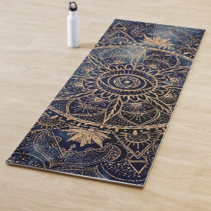 Tapis De Yoga Elégant Gold Eye Sun Moon Mandala Navy-Blue Desig
