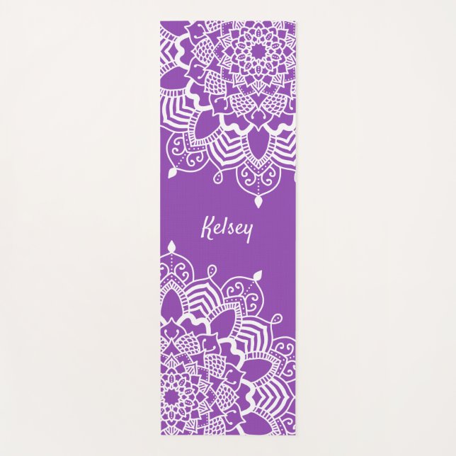Tapis De Yoga Élégant Monogramme blanc & violet Motif Mandala (Devant)
