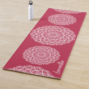 Tapis De Yoga Élégant Monogramme Boho Magenta et blanc Mandala