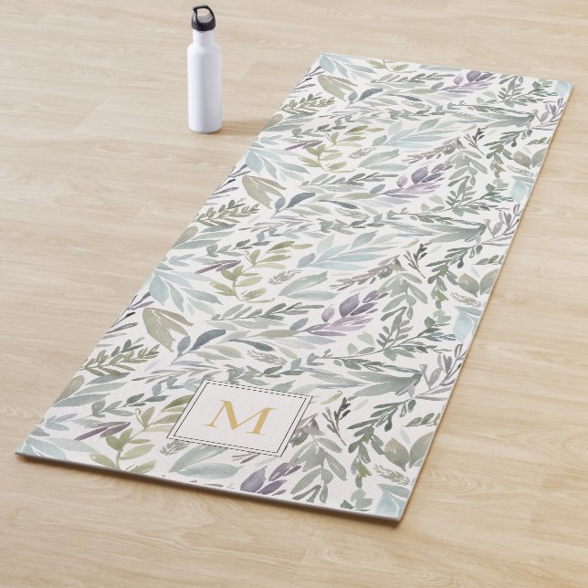 Tapis De Yoga Elégant Monogramme Vert Aquarelle Botanique (En situation)