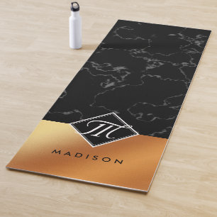 Tapis De Yoga Élégant noir marbre et cuivre Script Monogramme