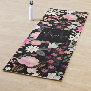 Tapis De Yoga Elégant noir rose Fleurs sauvages Boho Floral Pain