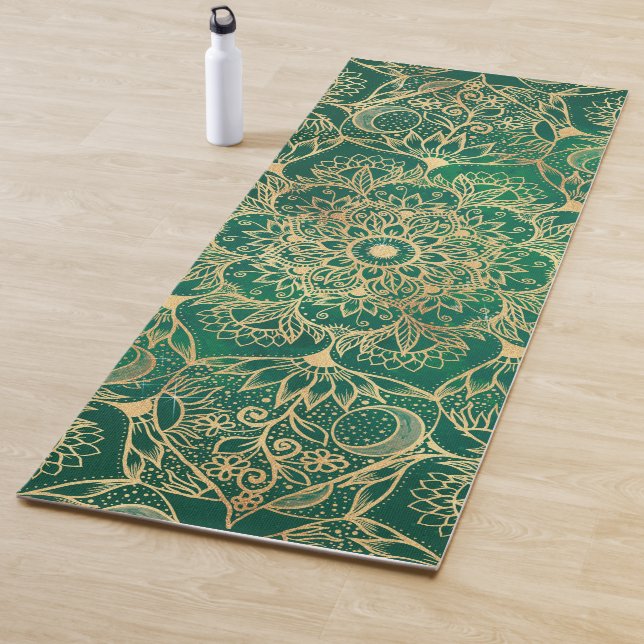 Tapis De Yoga Elégant or Floral Mandala Green Design (En situation)