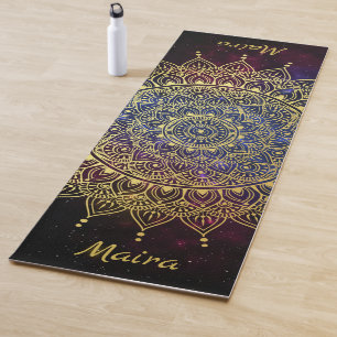 Tapis De Yoga Elégant or sur Nebula foncé Floral Henna Mandala