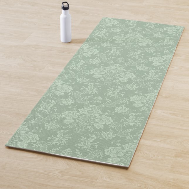 Tapis De Yoga Élégant Romantique Chic Floral Damask-Sage Vert (En situation)