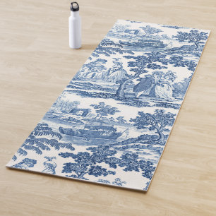 Tapis De Yoga Elégant Toile Vintage Bleu et Blanc