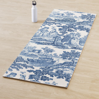 Tapis De Yoga Elégant Toile Vintage Bleu et Blanc