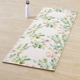 Tapis De Yoga Elégant vert fleurs sauvages d'aquarelle