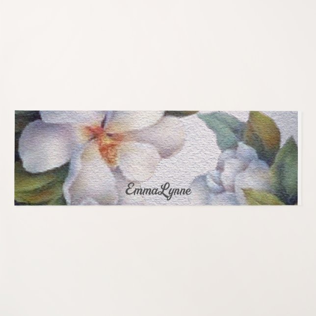 Tapis De Yoga Elégante aquarelle Blanc Magnolia Flower Votre nom (Devant (Horizontal))