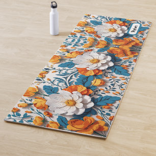 Tapis De Yoga Elégante Belle Fleurs Blanches Orange