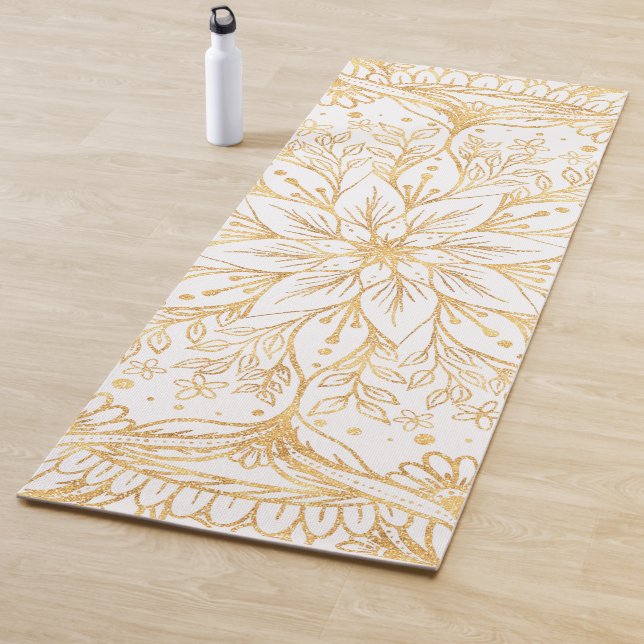 Tapis De Yoga Elégante Fleur Or Mandala Design Blanc (En situation)