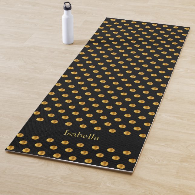 Tapis De Yoga Élégants points polka dorés sur fond noir (En situation)