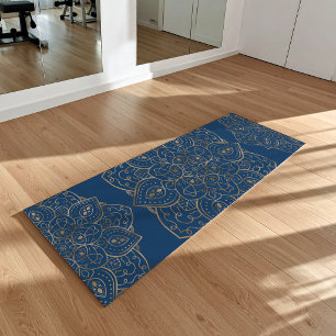 Tapis De Yoga Faux papier d'or sur mandala décoratif bleu foncé