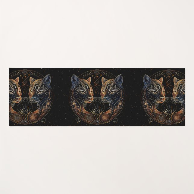 Tapis De Yoga Feline artistique Cercle Twin Cats (Devant (Horizontal))