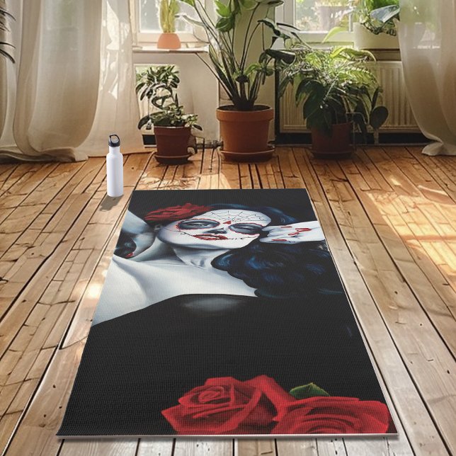 Tapis De Yoga Femme Crâne de Sucre Gothique Portrait aux Roses N (Créateur téléchargé)
