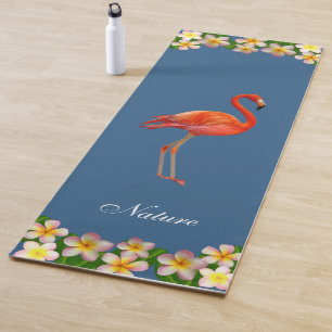 Tapis De Yoga Flamingo & Fleurs de Plumeria sur Fond Bleu