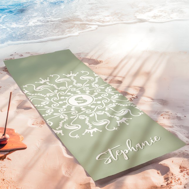 Tapis De Yoga Flamingo Perle Mandala Monogramme Vert Sauge Plage (Créateur téléchargé)